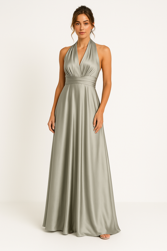 Dress for Women – Maxi Length – A-line Cut – Satin – Open Back with Tie