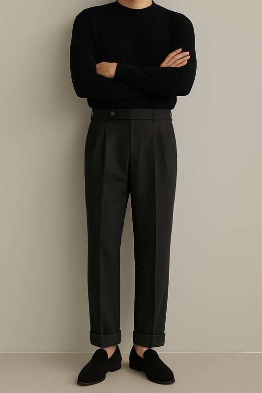 Men's Trousers – Wool Blend – High Waist – Crease – Turn-Up – Straight Leg