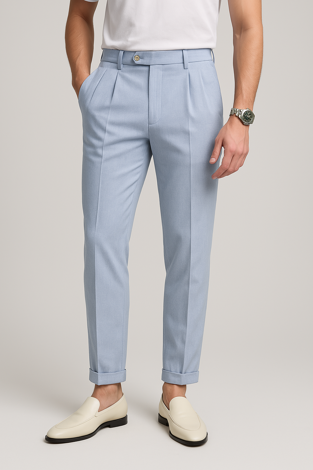 Men's Trousers – Straight Fit – High Waist – Pleated Front – Breathable Textured Fabric