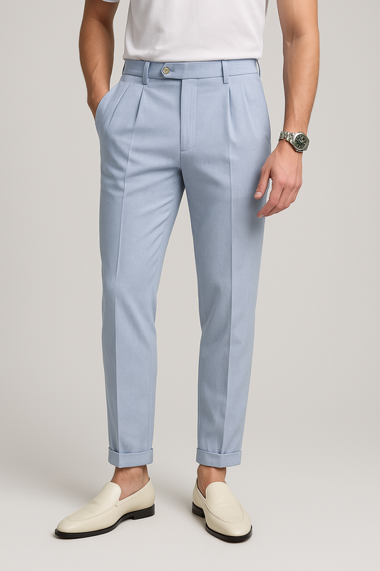 Men's Trousers – Straight Fit – High Waist – Pleated Front – Breathable Textured Fabric