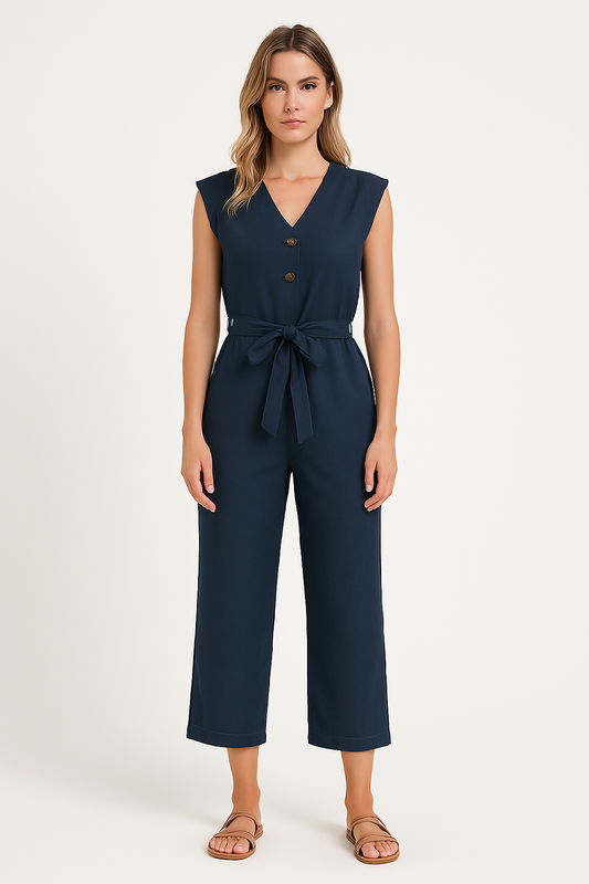 Women's Jumpsuit – Sleeveless – V-neck – Loose Fit – Tie Belt – Button Closure – Ankle Length