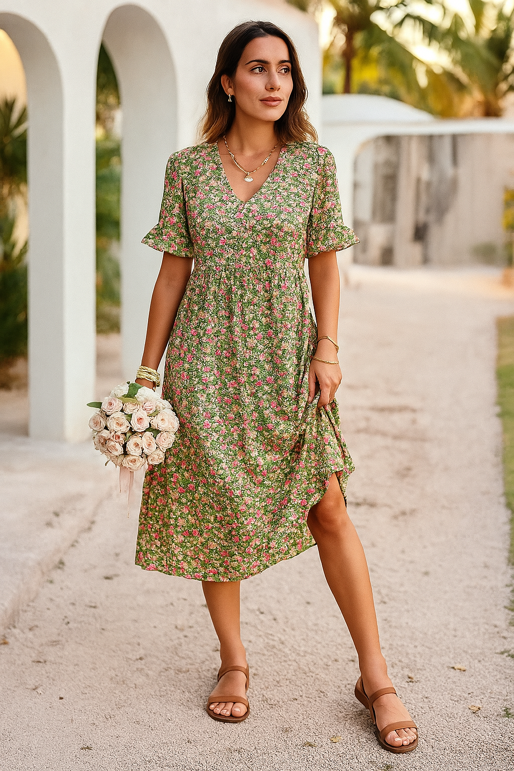Women's Midi Dress – Relaxed Fit – V-Neck – Ruffle Sleeves – Lightweight and Breathable