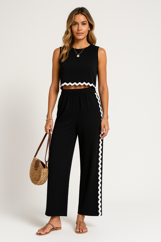 Women's Two-Piece Set – Sleeveless Cropped Top and Pants – Relaxed Fit – Contrast Trim