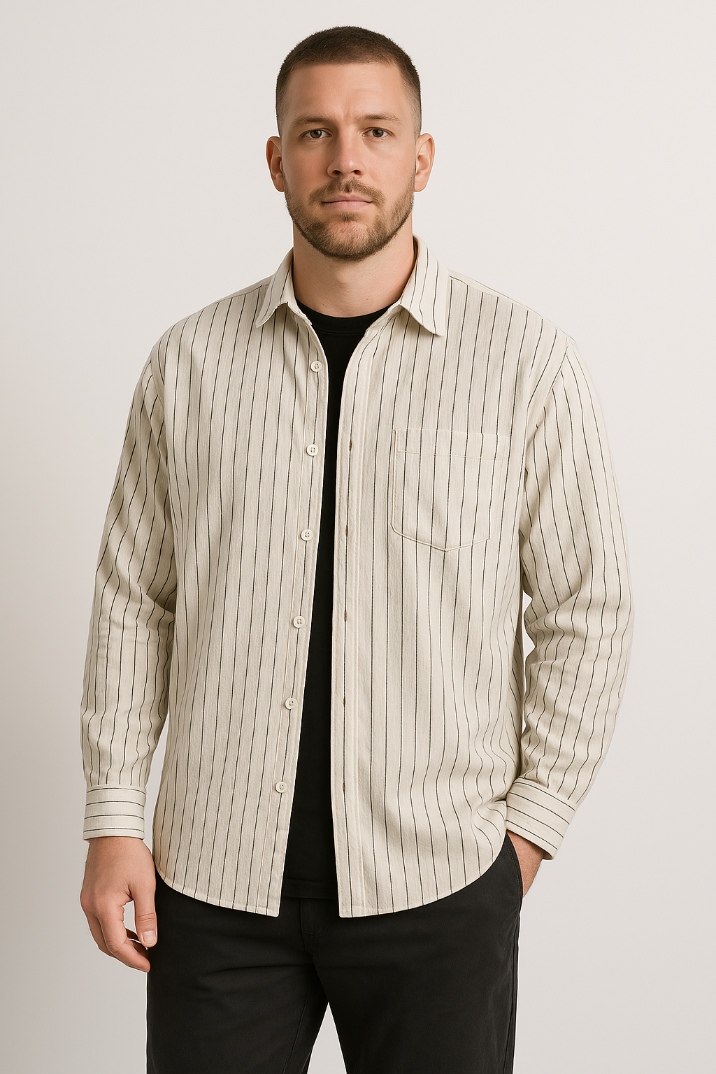 Men's Shirt with Long Sleeves – Relaxed Fit – Striped Cotton – Button Closure