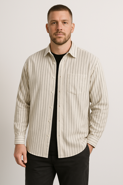 Men's Shirt with Long Sleeves – Relaxed Fit – Striped Cotton – Button Closure