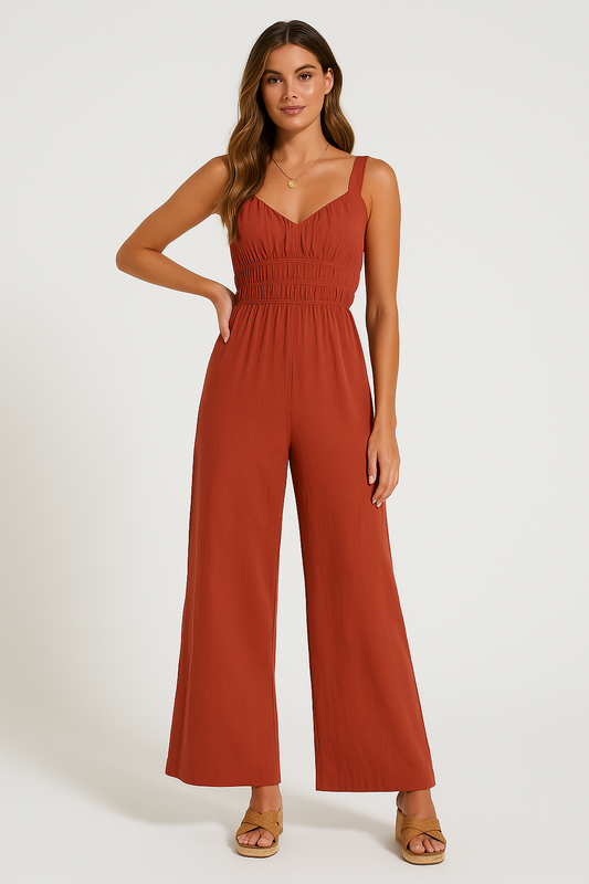 Women's Jumpsuit – Wide Legs – Sleeveless – Elastic Waist – Lightweight Cotton Linen