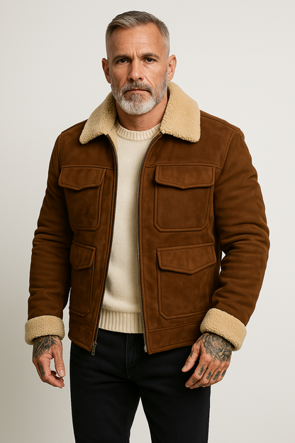 Men's Jacket – Structured Fit – Shearling Collar – Multiple Front Pockets – Zipper Closure