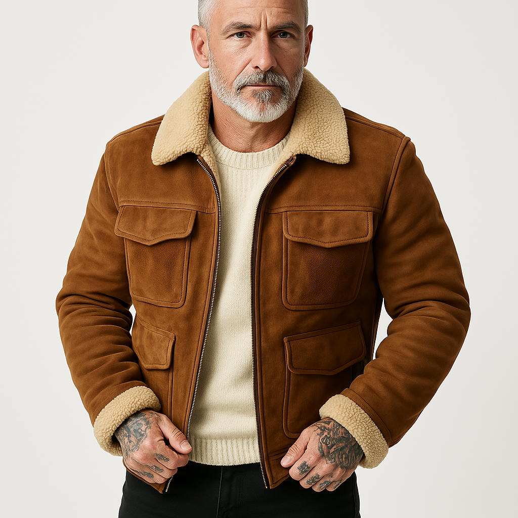 Men's Jacket – Structured Fit – Shearling Collar – Multiple Front Pockets – Zipper Closure