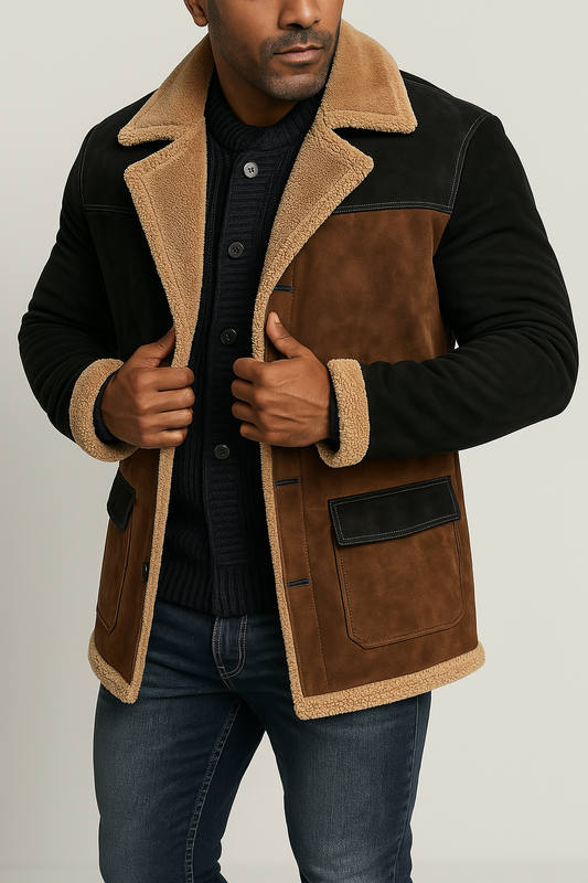 Men's Jacket – Structured Fit – Shearling Details – Button Closure – Notch Lapel