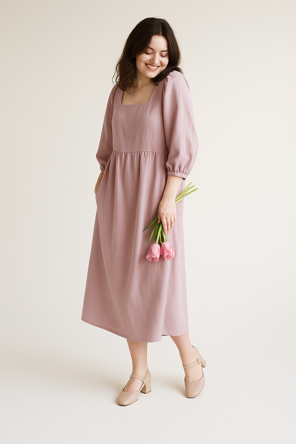 Dress for Women – Loose Fit – Light Cotton – Square Neckline – Midi Length – Long Sleeves