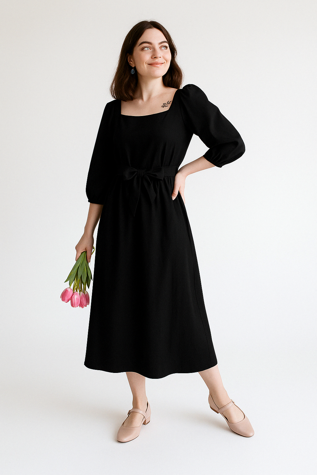 Dress for Women – Loose Fit – Light Cotton – Square Neckline – Midi Length – Long Sleeves