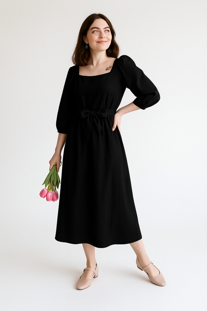 Dress for Women – Loose Fit – Light Cotton – Square Neckline – Midi Length – Long Sleeves