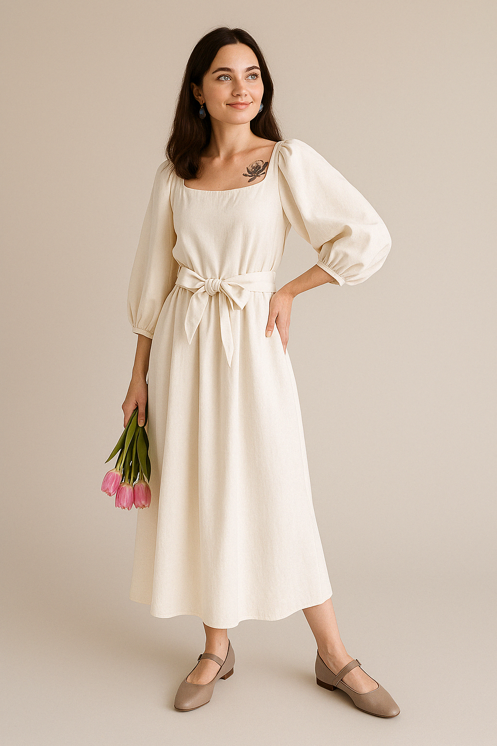 Dress for Women – Loose Fit – Light Cotton – Square Neckline – Midi Length – Long Sleeves