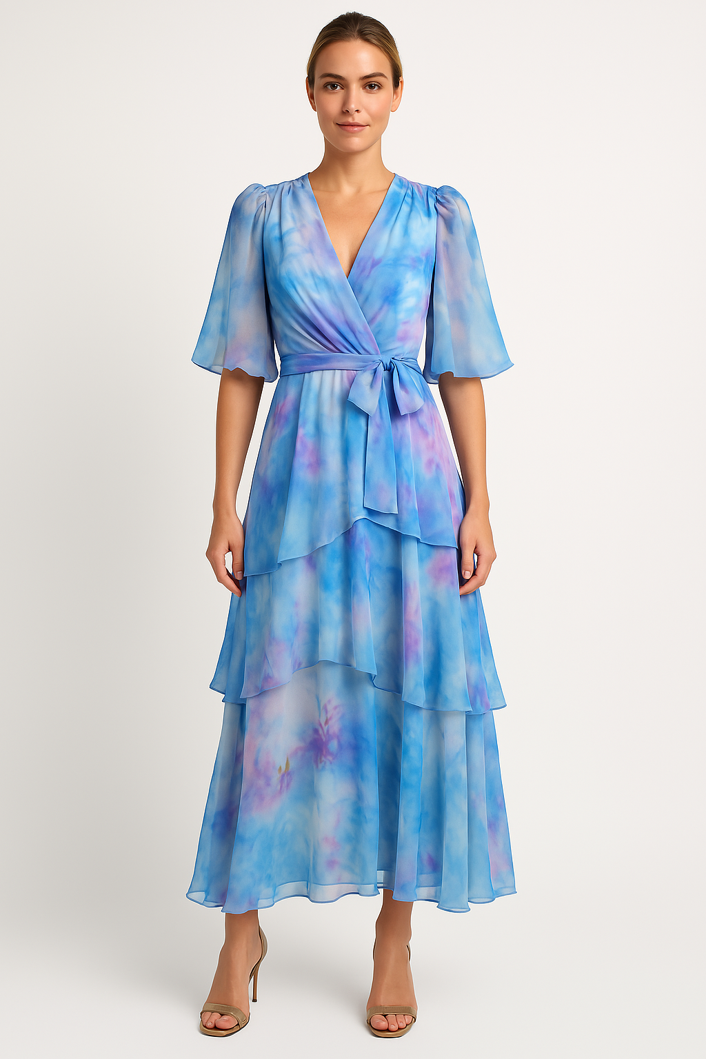 Women's Maxi Dress – Elegant Wrap Design – Ruched Skirt – Puff Sleeves – Lightweight Fabric