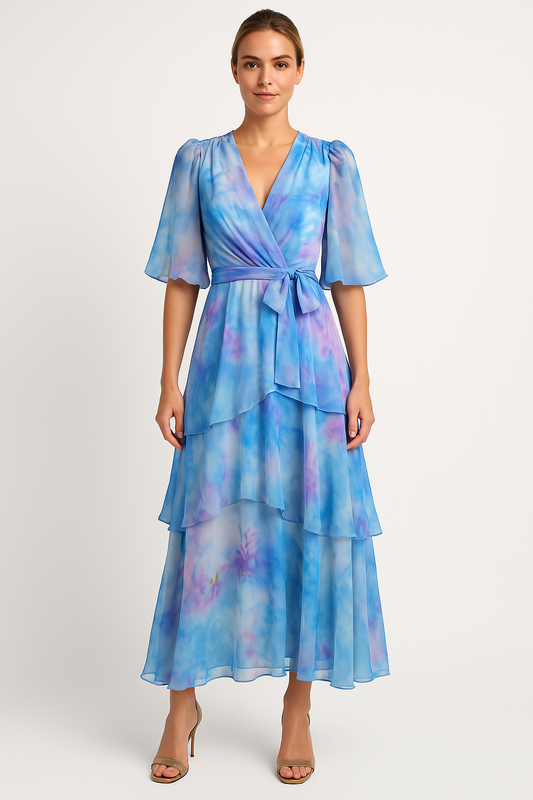 Women's Maxi Dress – Elegant Wrap Design – Ruched Skirt – Puff Sleeves – Lightweight Fabric