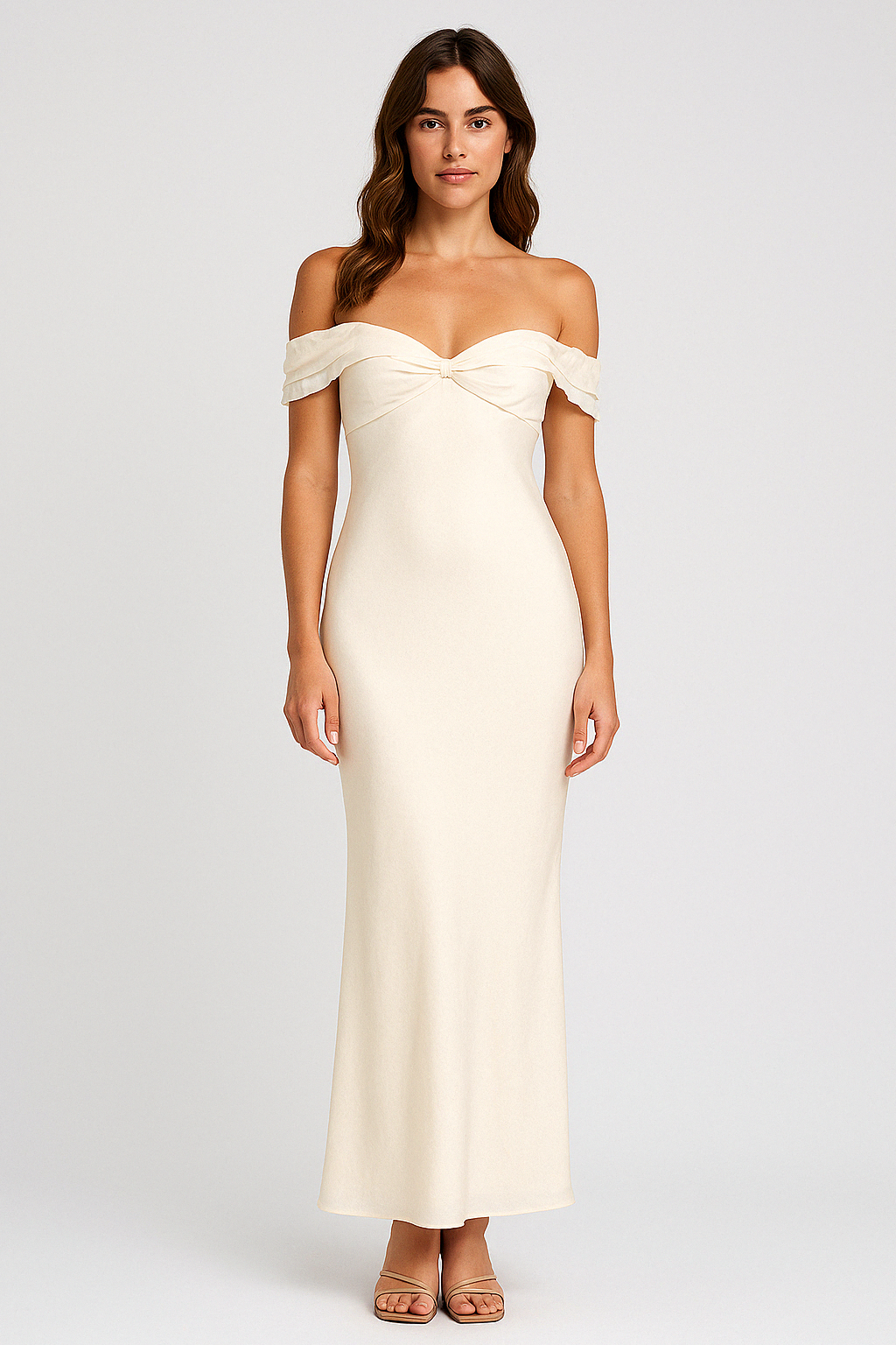 Women's Maxi Dress – Fitted Silhouette – Off Shoulder Ruffle Collar – Satin Look