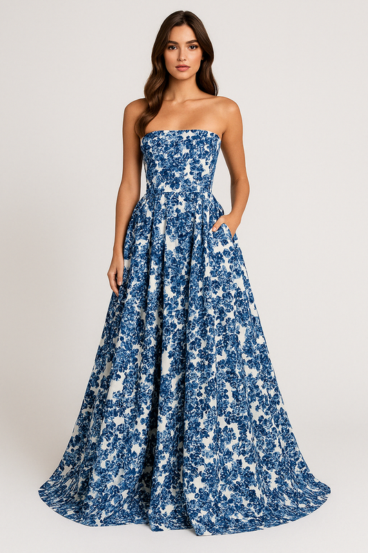 Dress for Women – Strapless Maxi Dress – Fitted Bodice – Floral Print – Luxurious Fabric