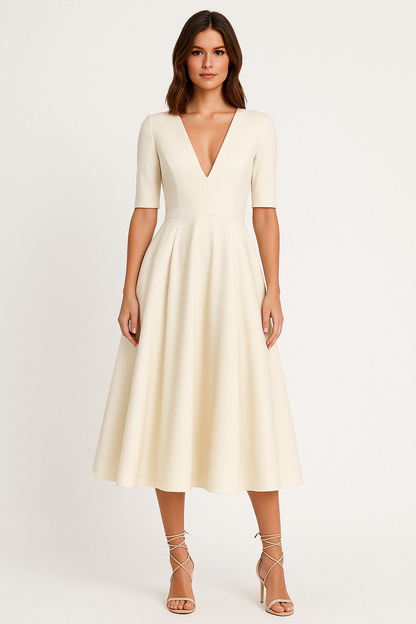 Women's Midi Dress – Satin Look – A-Line Fit – V-Neck – Elbow-Length Sleeves