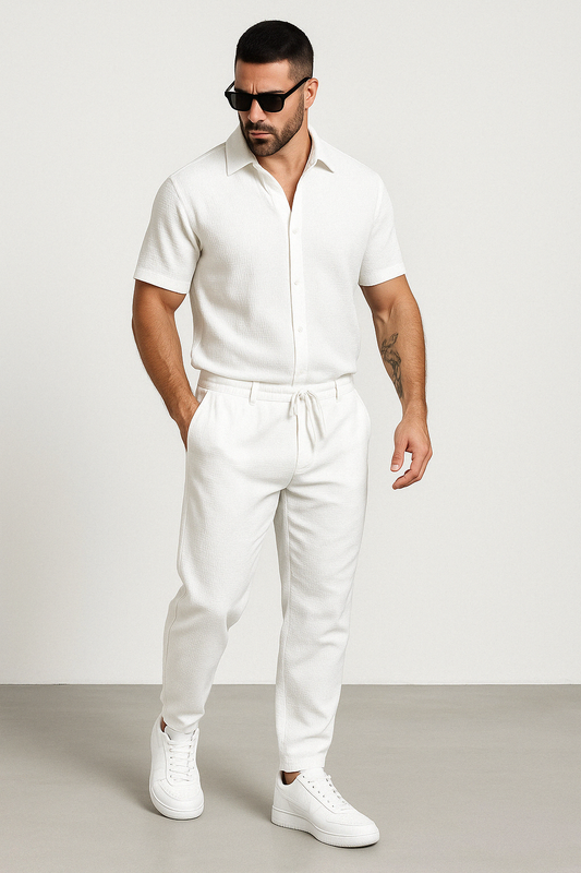 Men's Set with Shirt and Trousers – Cotton/Linen – Regular Fit – Short Sleeves – Drawstring Closure
