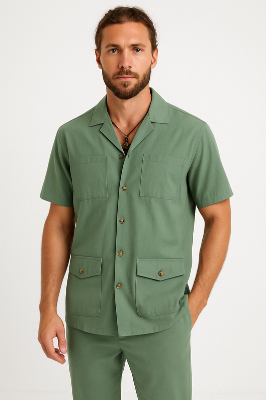 Men's Shirt with Short Sleeves – Relaxed Fit – Cotton/Linen – 4 Pockets – Notched Collar