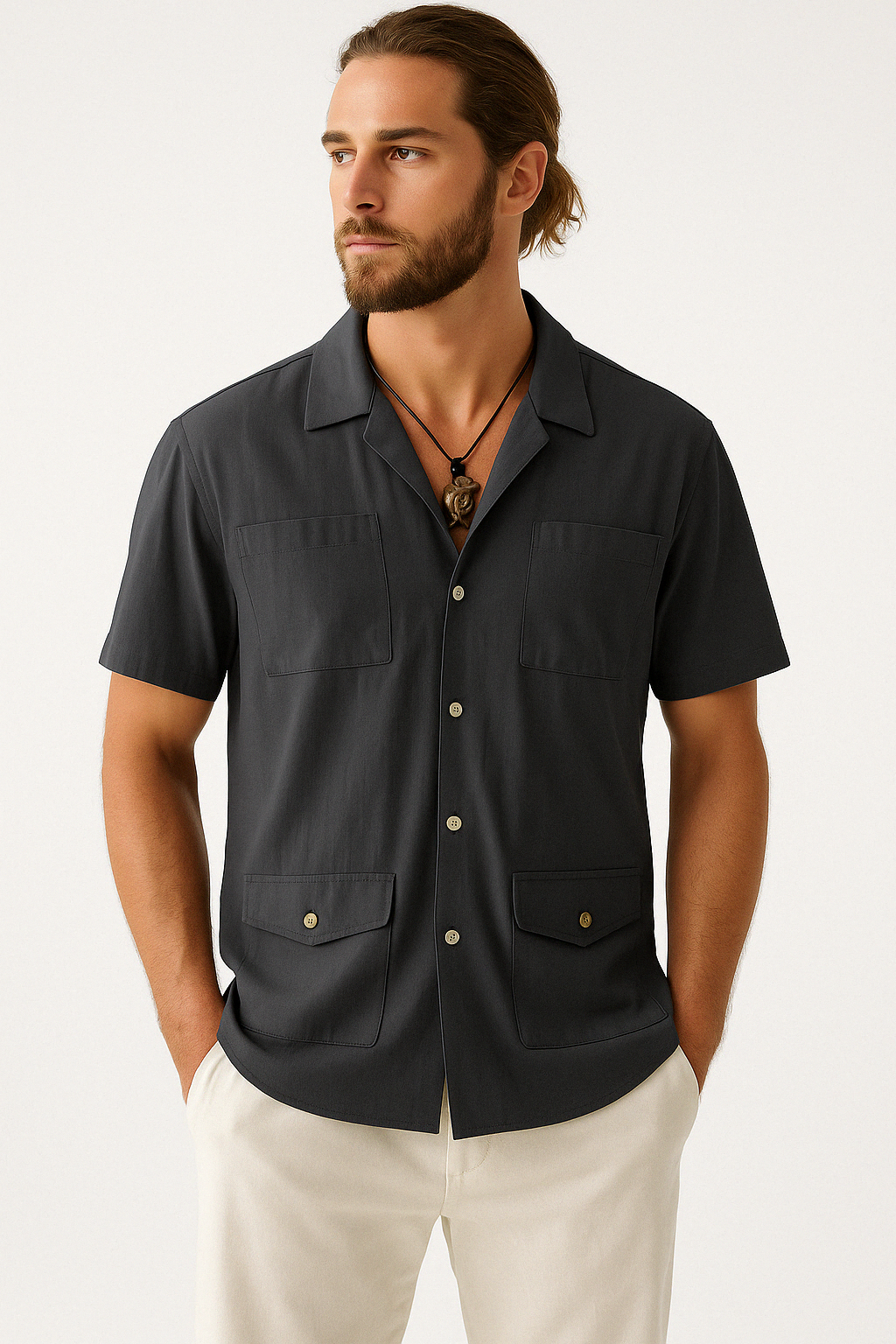 Men's Shirt with Short Sleeves – Relaxed Fit – Breathable Natural Material – 4 Pockets