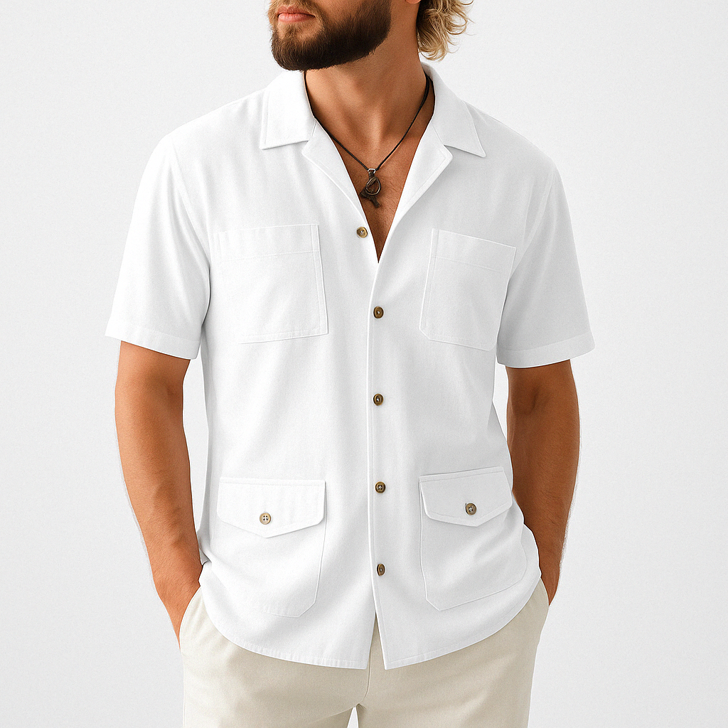 Men's Shirt with Short Sleeves – Relaxed Fit – Cotton/Linen – 4 Pockets – Notched Collar