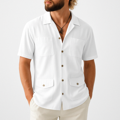 Men's Shirt with Short Sleeves – Relaxed Fit – Cotton/Linen – 4 Pockets – Notched Collar