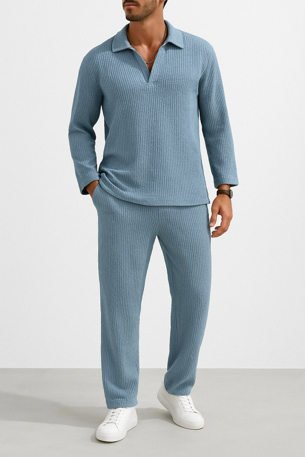 Men's loungewear set – relaxed fit – ribbed texture – long-sleeved shirt & pants