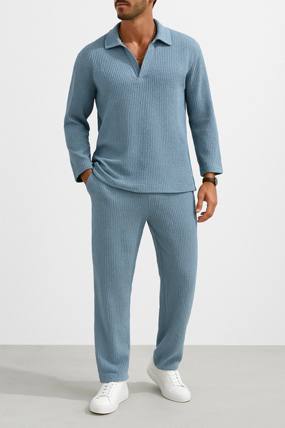 Men's loungewear set – relaxed fit – ribbed texture – long-sleeved shirt & pants