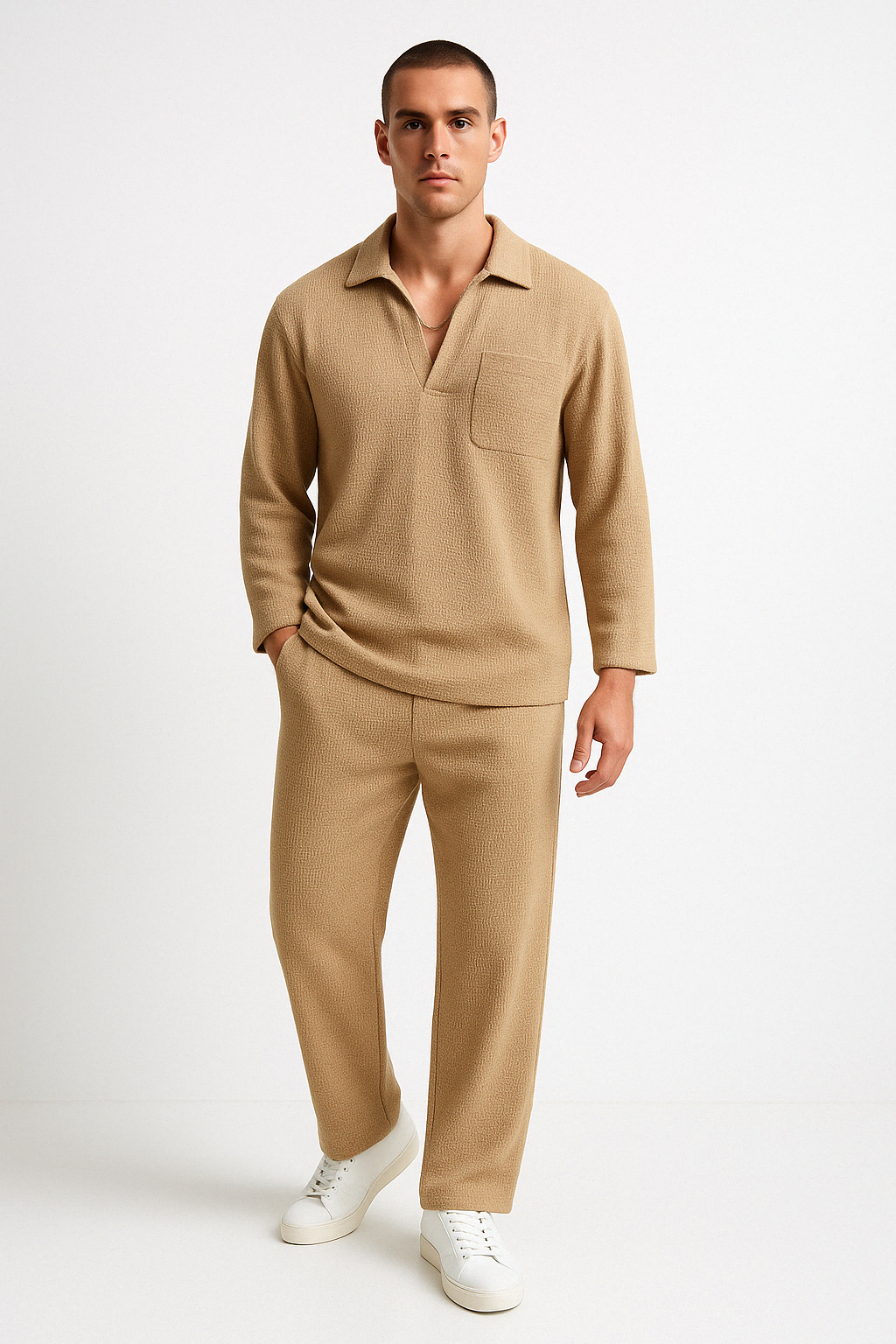 Men's loungewear set – relaxed fit – ribbed texture – long-sleeved shirt & pants