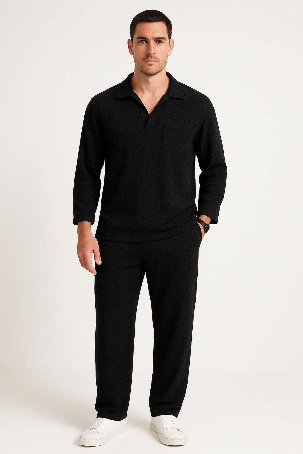 Men's loungewear set – relaxed fit – ribbed texture – long-sleeved shirt & pants