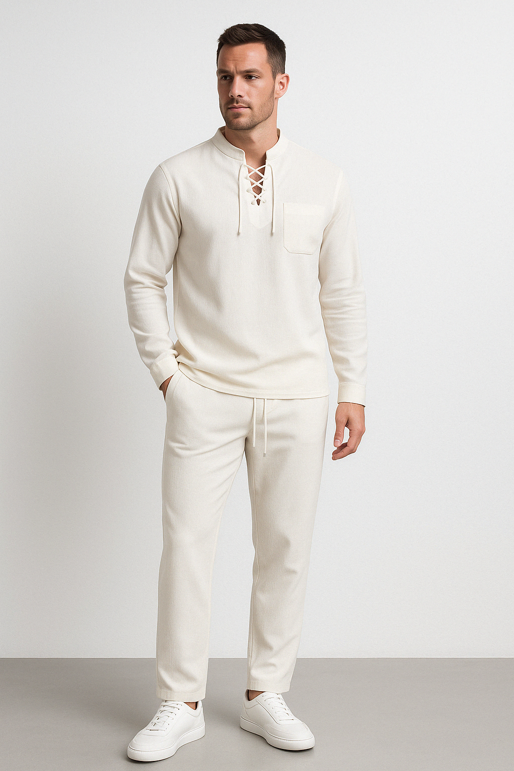 Men's Henley Shirt – Cotton Linen Mix – Relaxed Fit – Lace Closure – Mandarin Collar