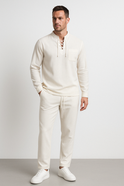 Men's Henley Shirt – Cotton Linen Mix – Relaxed Fit – Lace Closure – Mandarin Collar