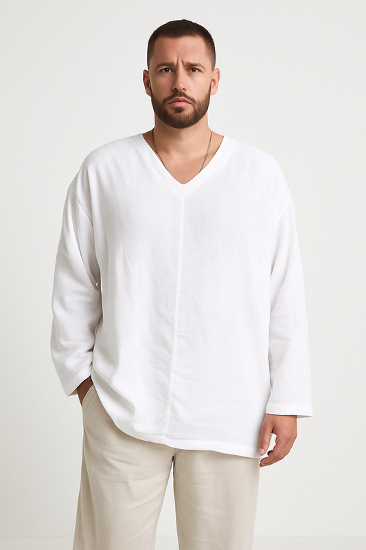 Men's Shirt – Linen – Relaxed Fit – V-neck – Long-sleeved Casual Design
