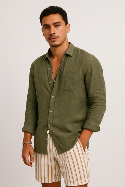 Men's Shirt with Long Sleeves – Relaxed Fit – Breathable Natural Material – Button Closure