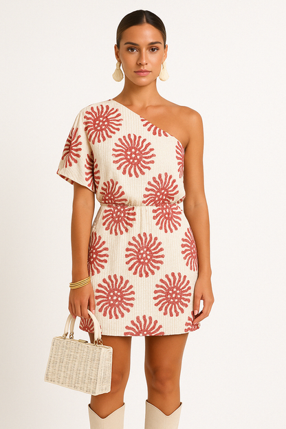 Women's Mini Dress – One Shoulder – Relaxed Fit – Cotton Blend – Print