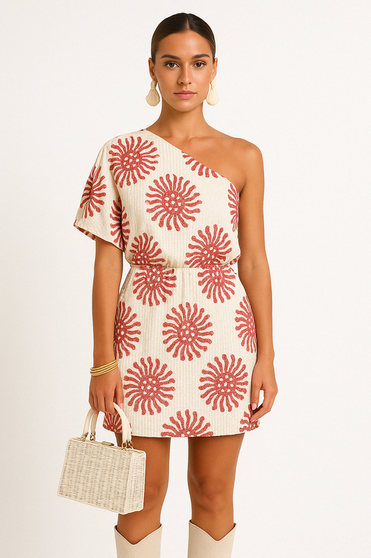 Dress for Women – Mini Length – One Shoulder – Relaxed Fit – Eye-Catching Print