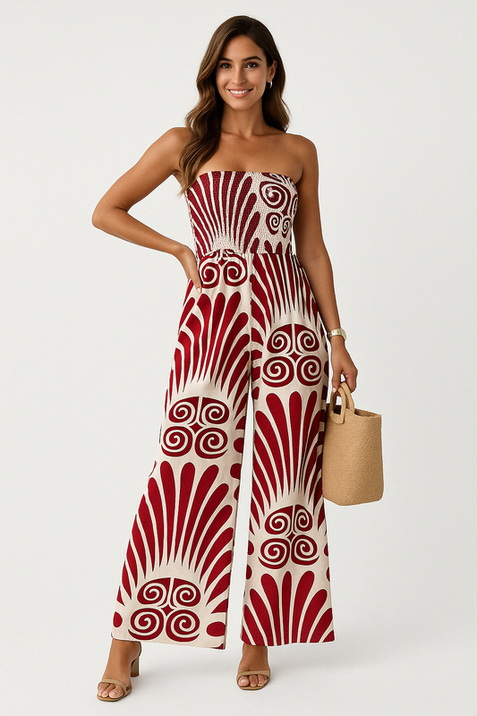 Women's Jumpsuit – Off-Shoulder – Smocked Waist – Wide Legs – Light and Breathable