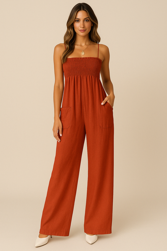Women's Jumpsuit – Relaxed Fit – Ruched Bodice – Spaghetti Straps – Wide Legs