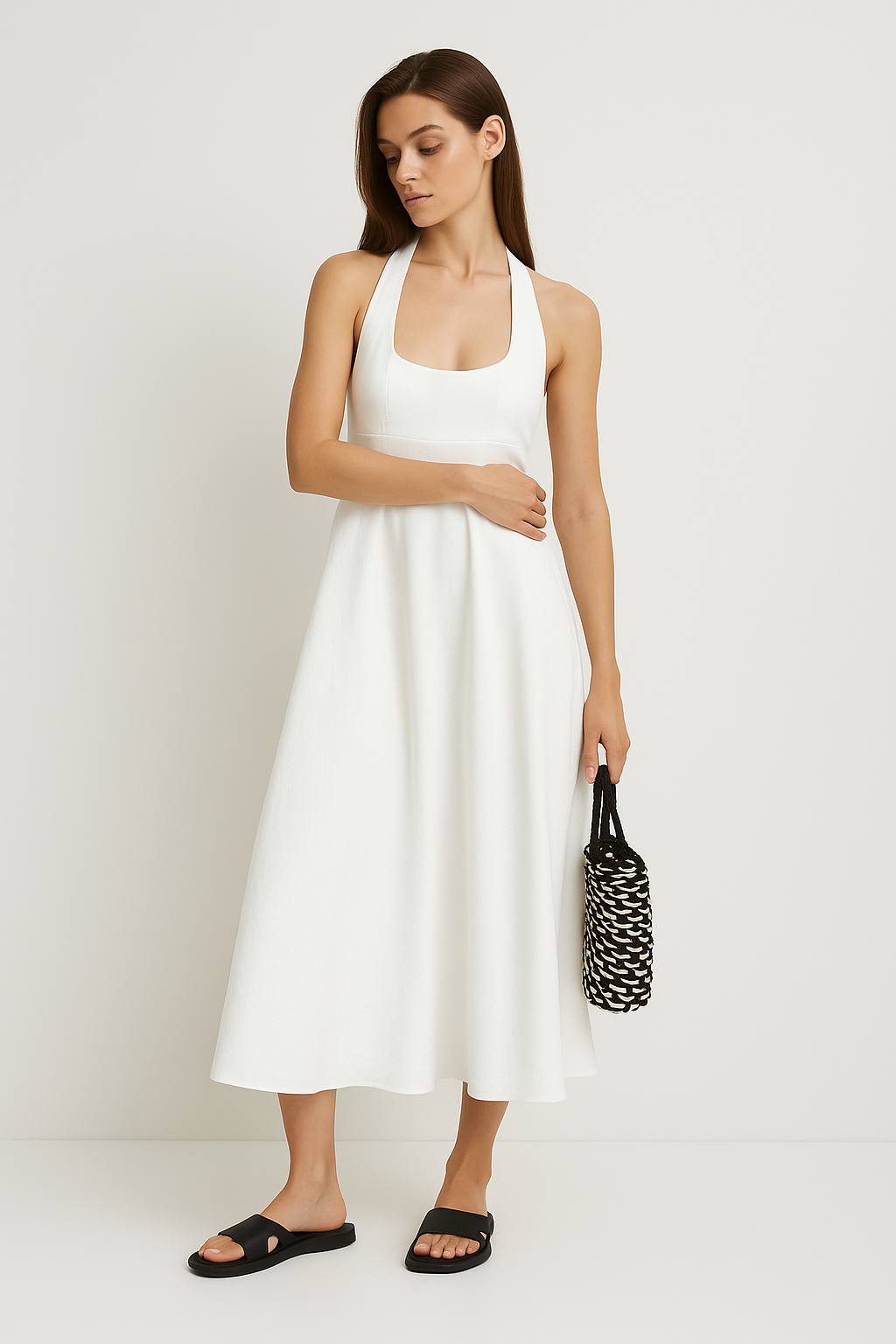 Women's Midi Dress – Sleeveless A-Line Fit – Halterneck – Soft Lightweight Material