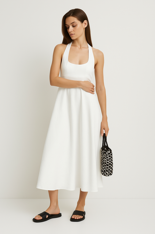 Women's Midi Dress – Sleeveless A-Line Fit – Halterneck – Soft Lightweight Material