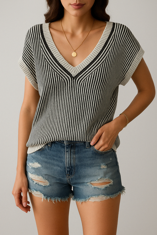 Women's Sweater Vest – Relaxed Fit – V-neck – Rib Knit – Sleeveless Layering Top