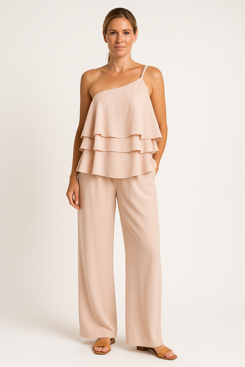 Women's Two-Piece Set – Asymmetric Ruffle Top – Soft Breathable Quality – Wide Pants