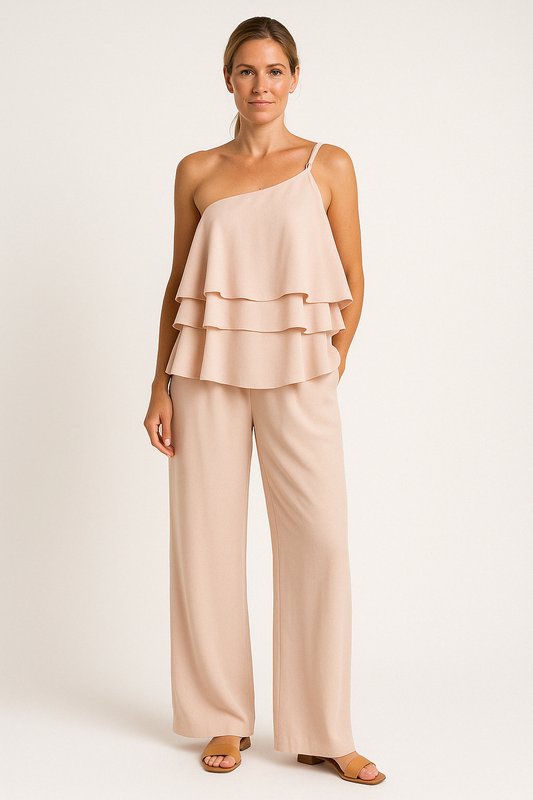 Women's Two-Piece Set – Asymmetric Ruffle Top – Soft Breathable Quality – Wide Pants