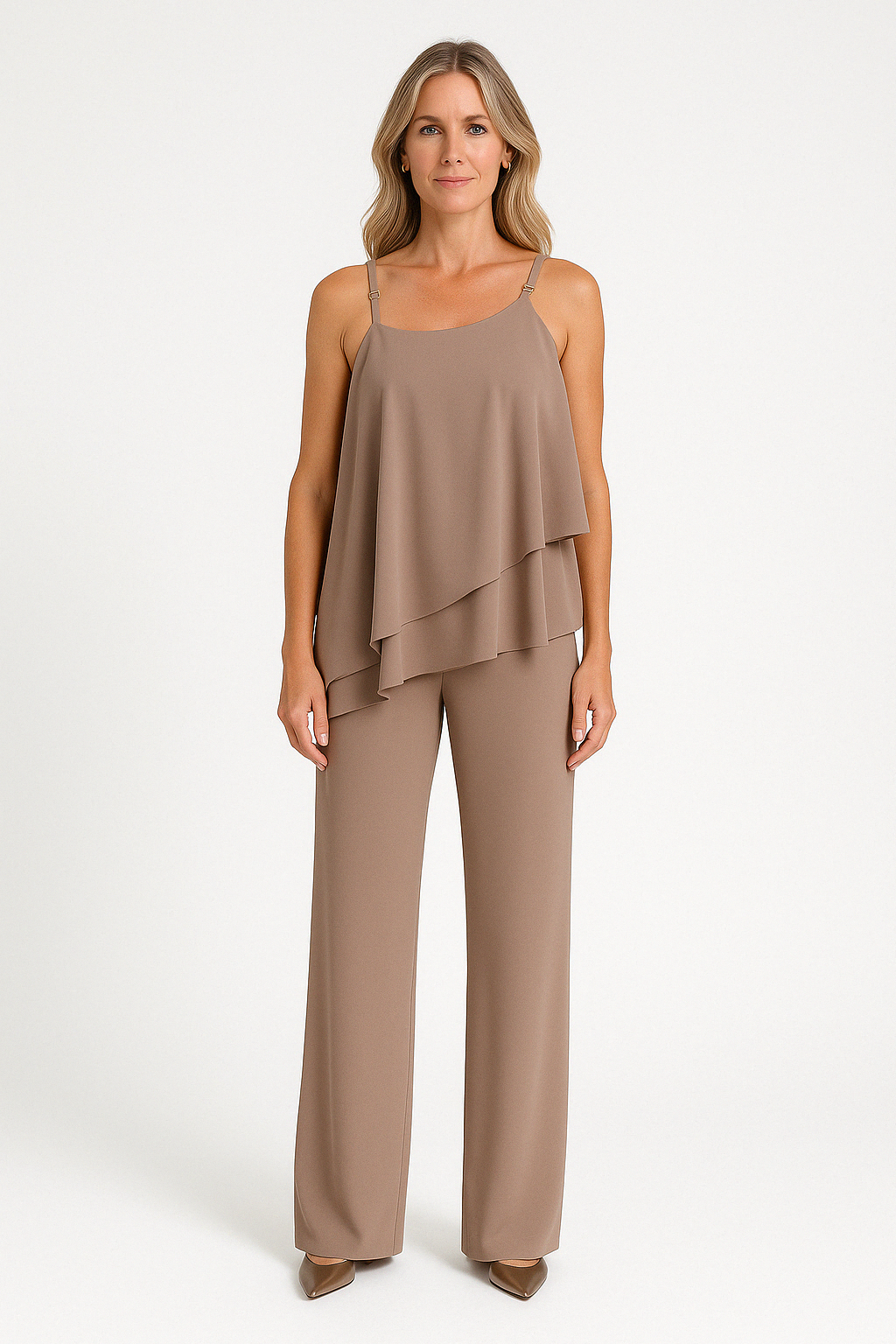 Women's Set – Asymmetric Draped Top – Sleeveless – Straight Pants – Relaxed Fit