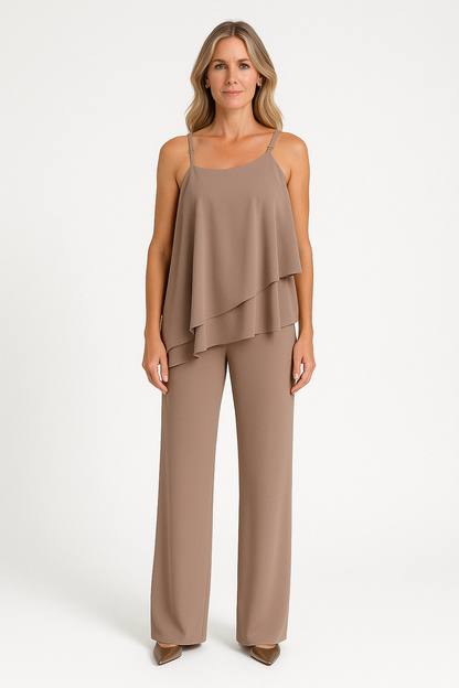 Women's Set – Asymmetric Draped Top – Sleeveless – Straight Pants – Relaxed Fit