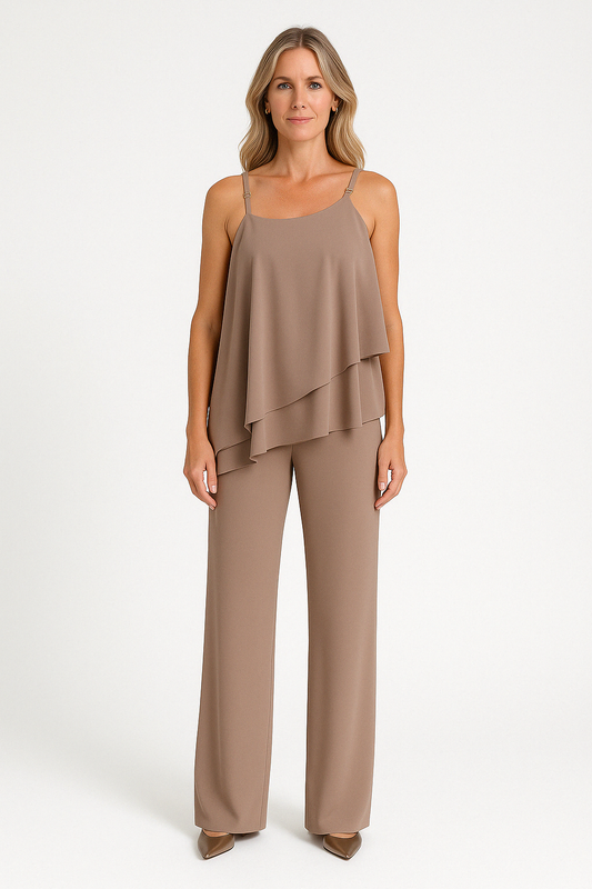 Women's Set – Asymmetric Draped Top – Sleeveless – Straight Pants – Relaxed Fit