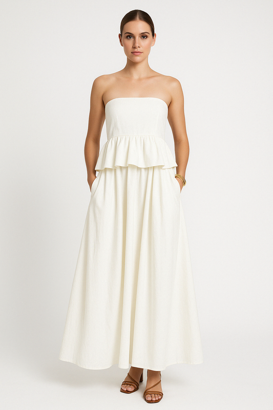 Dress for Women – Strapless Maxi – Peplum Waist – A-line Silhouette – With Pockets