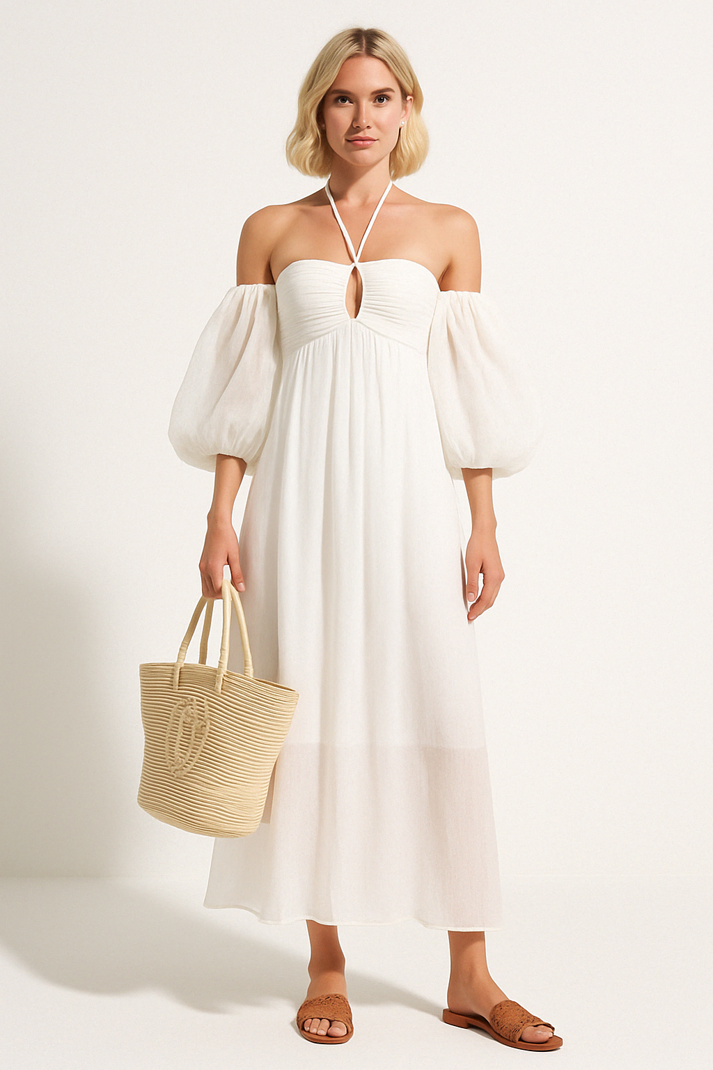 Dame Maxikjole – Off Shoulder – Pufærmer – Udskæring – Let og Åndbar