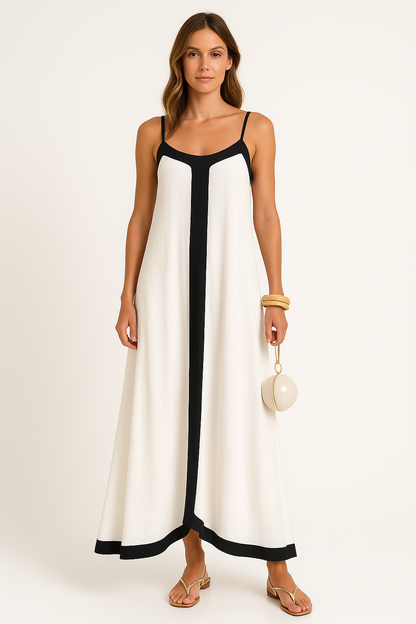 Women's Maxi Dress – Loose Fit – Light and Breathable – Thin Straps – Contrast Trim